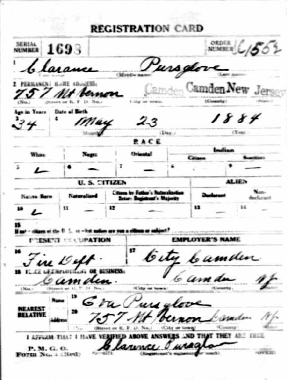 Clarence Pursglove World War I Draft Registration Card, front