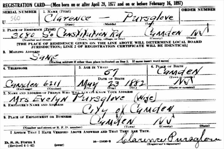 Clarence Pursglove World War II Draft Registration Card