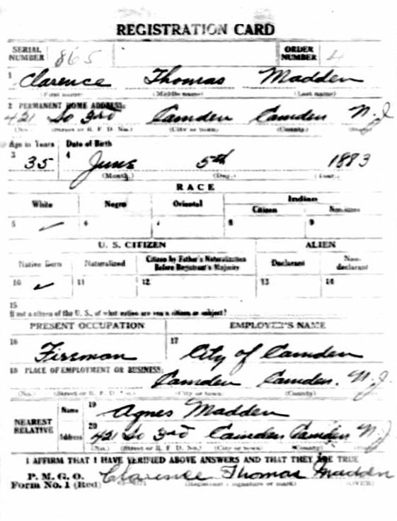 Clarence Madden World War I Draft Card, front