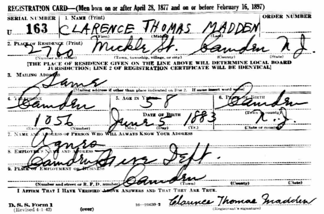 Clarence Madden World War II Draft Card
