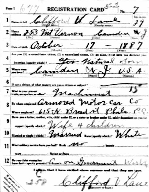 Clifford V. Lane World War I draft card, front