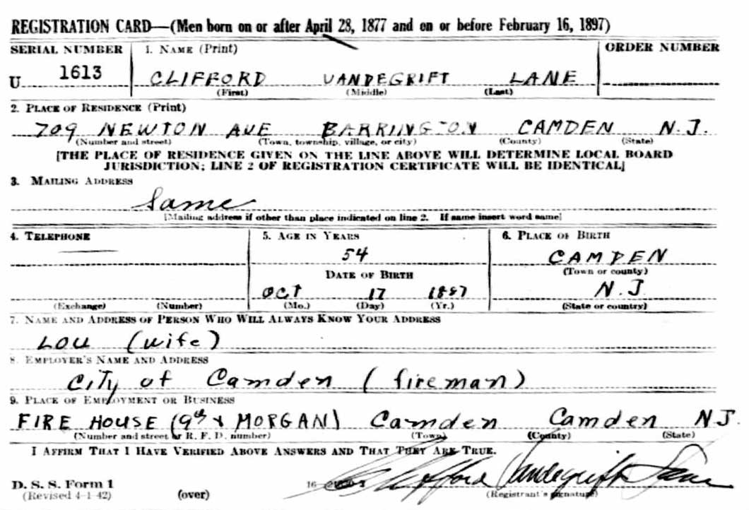 Clifford V. Lane World War II draft card