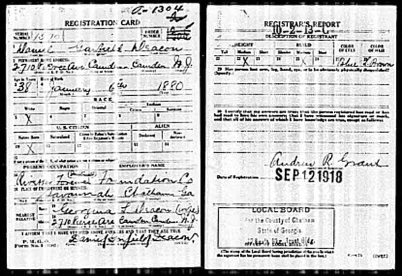 World War I draft registration card for Daniel G. Deacon