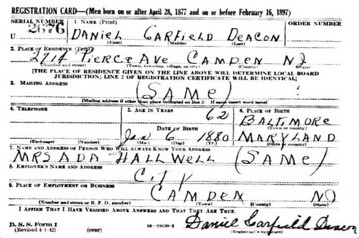 World War II draft registration card for Daniel G. Deacon