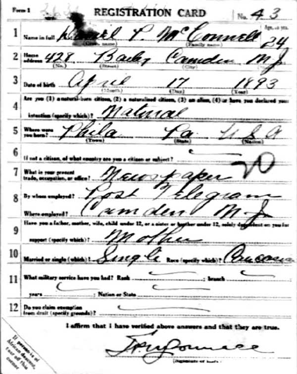 Daniel D. McConnell World War I draft card, front