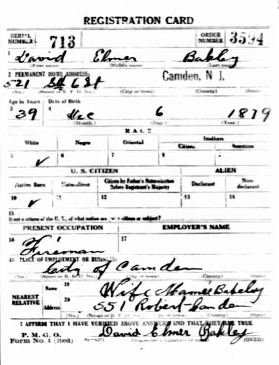 World War I draft registration card for David E. Bakley — front