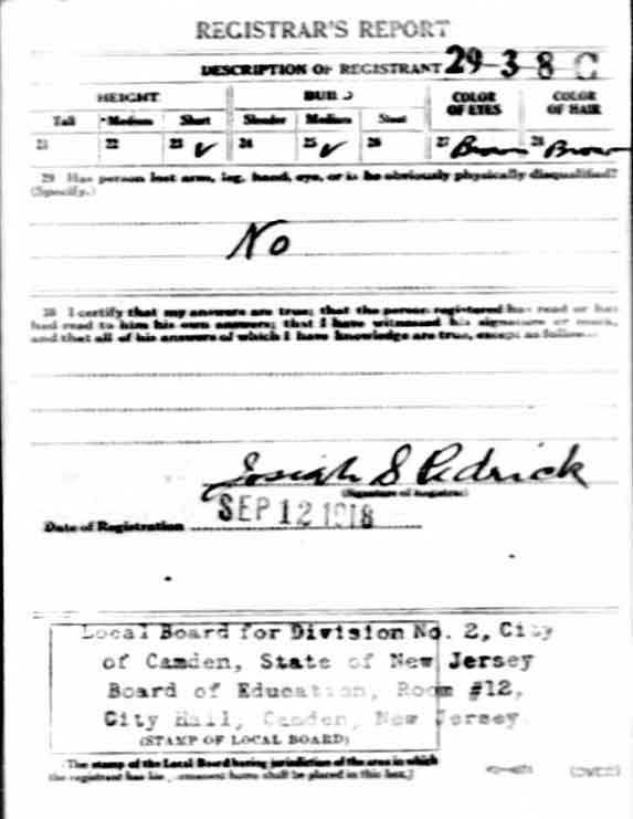 World War I draft registration card for David E. Bakley — back