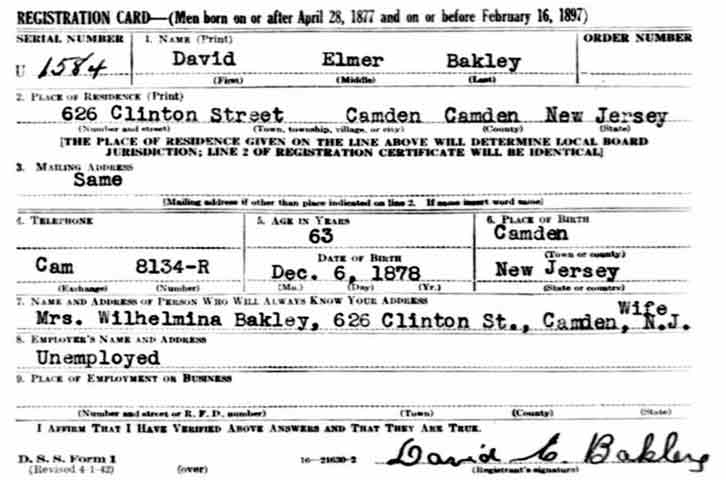World War II draft registration card for David E. Bakley