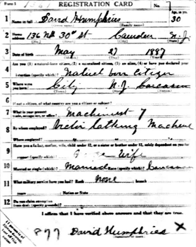 David W. Humphries World War I draft card — front
