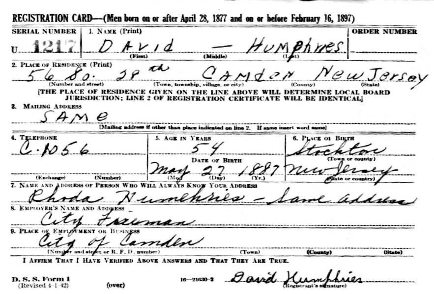 David W. Humphries World War II draft card