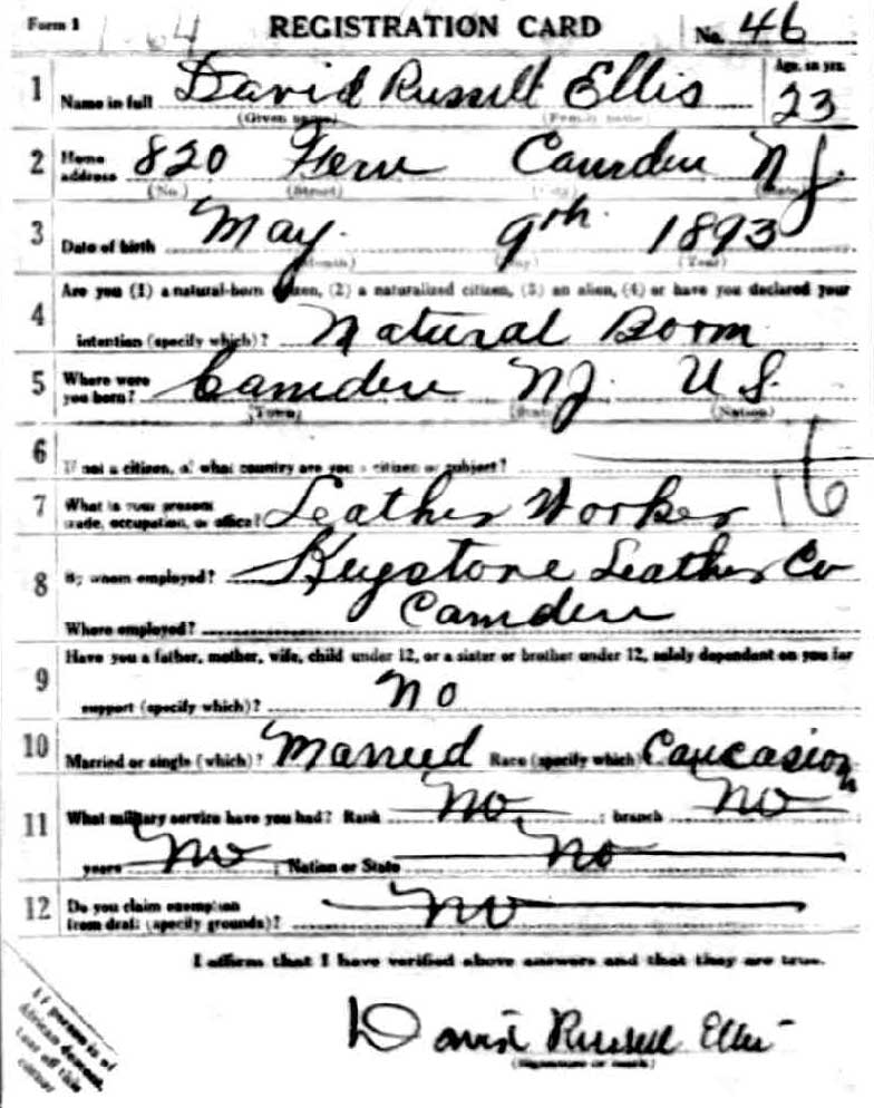 World War I draft registration card for David Russell Ellis — front