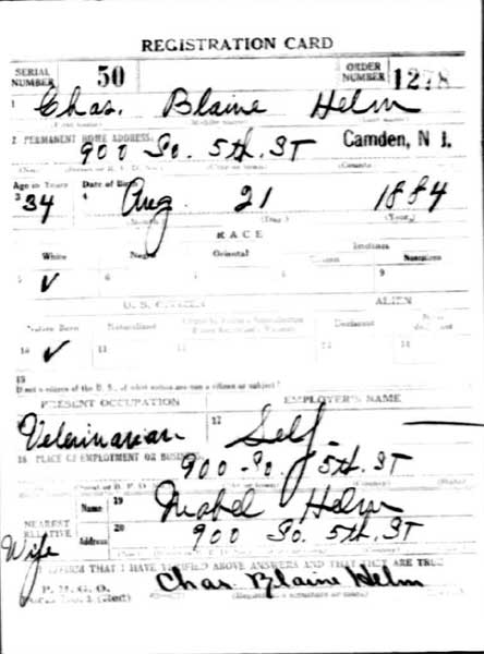 WWI Draft Registration Card for Dr. Charles B. Helm, side 1