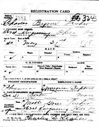 Dr. Charles B. Lesher World War I draft card (front)
