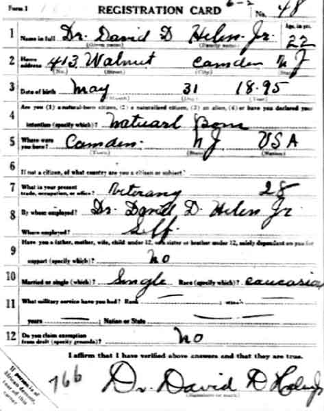 WWI Draft Registration Card for Dr. David Helm Jr., side 1
