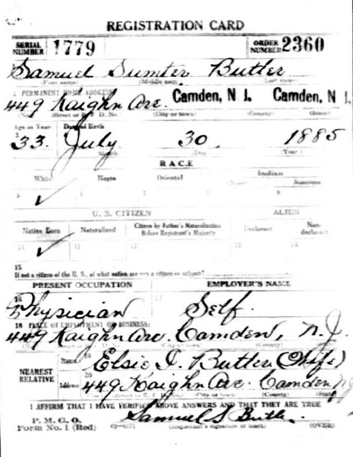 Dr. Samuel S. Butler World War I Draft Card, front