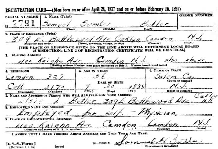 Dr. Samuel S. Butler World War II Draft Card