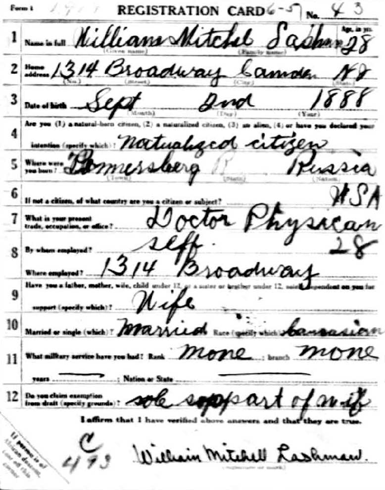 World War I draft registration card for Dr. William M. Lashman, front
