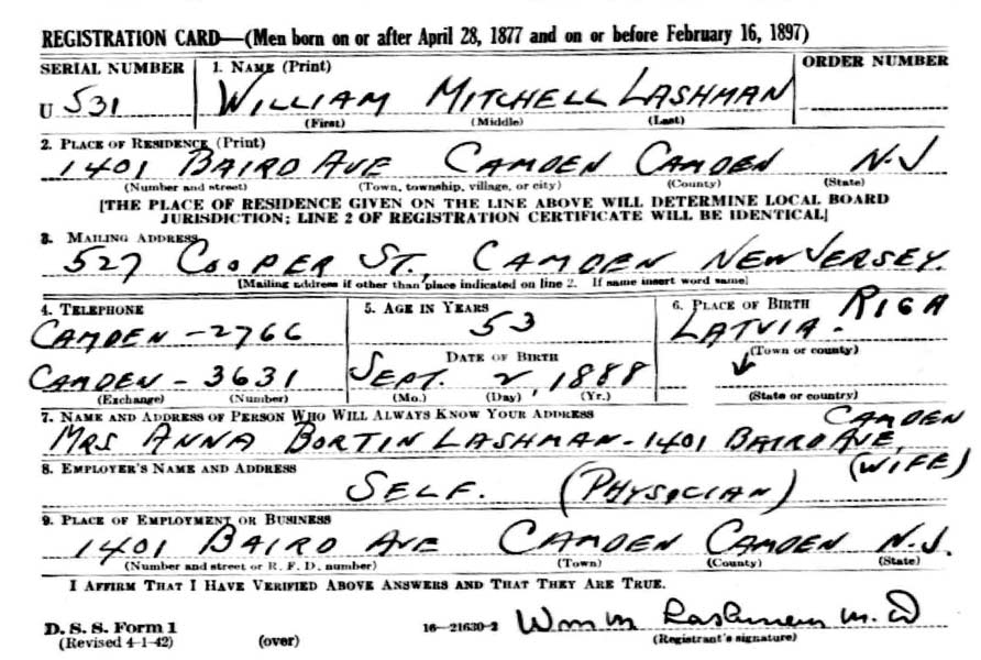 World War II draft registration card for Dr. William M. Lashman