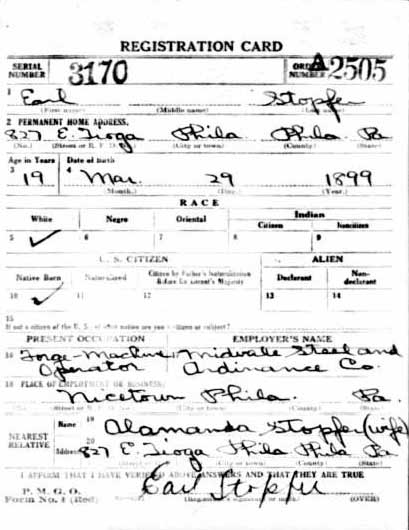 Earl Stopfer WWI Draft Registration Card, front
