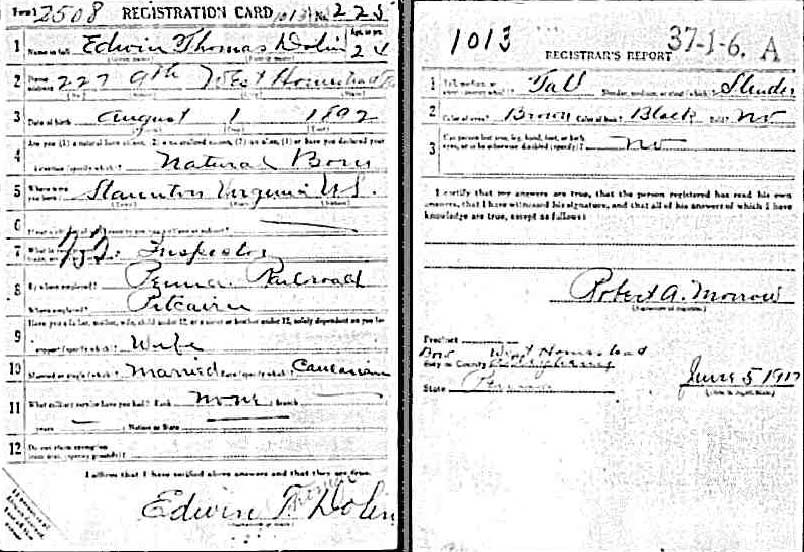 Eddie Dolin WW1 Draft Registration Card
