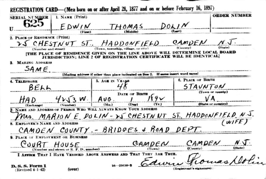 Eddie Dolin WW2 Draft Registration Card