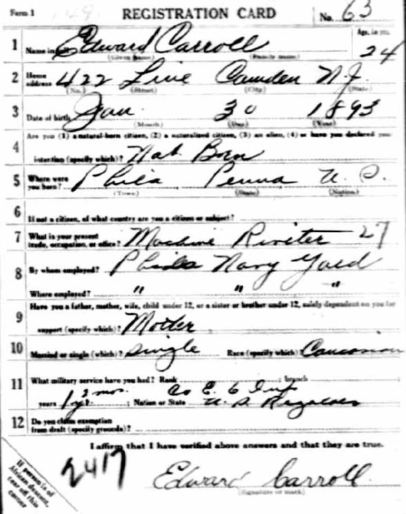 Edward Carroll WWI Draft Registration Card, front