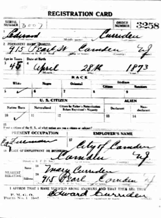 Edward Curriden World War I Draft Registration Card, front