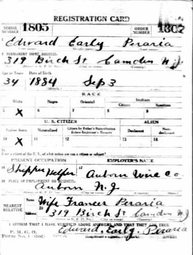 Edward E. Peraria Sr. World War I draft card, front