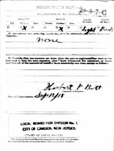 Edward E. Peraria Sr. World War I draft card, back