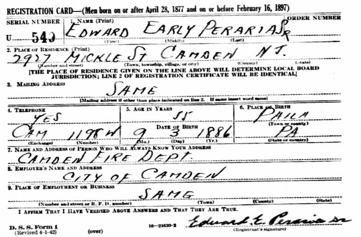 Edward E. Peraria Sr. World War II draft card