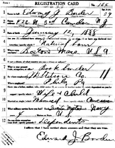 Edward J. Borden, World War I draft registration card, front
