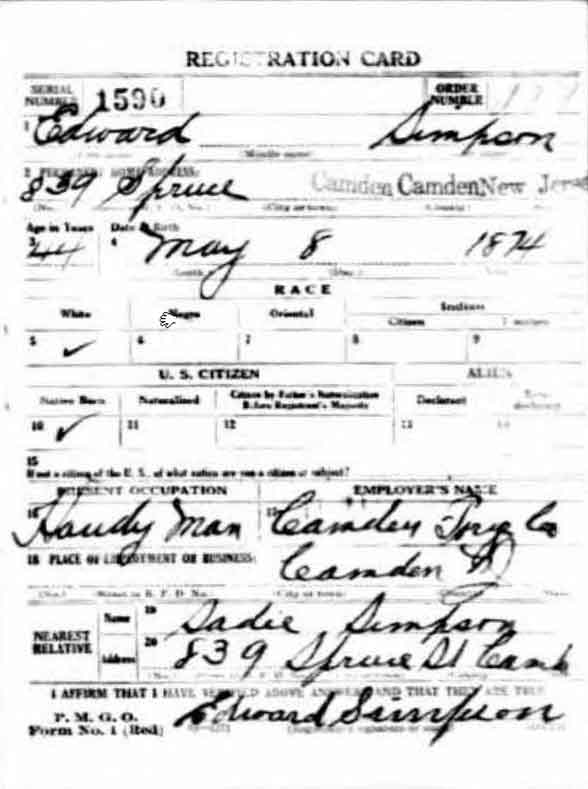 Edward Simpson WWI Draft Registration Card, front
