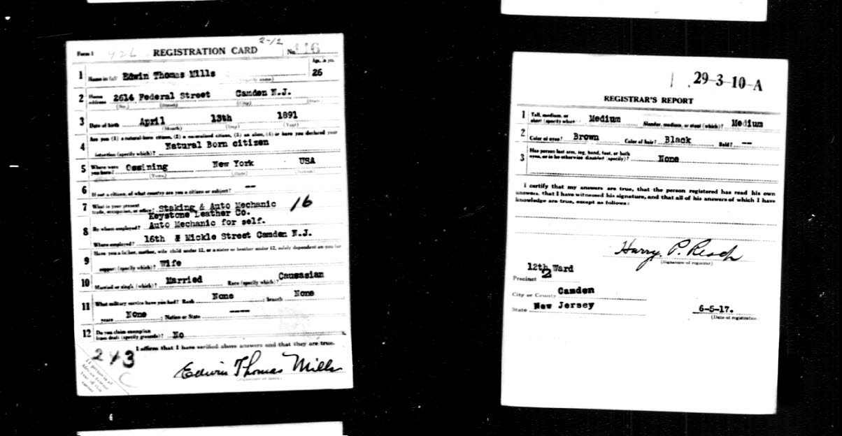 World War I draft registration card for Edwin Thomas Mills