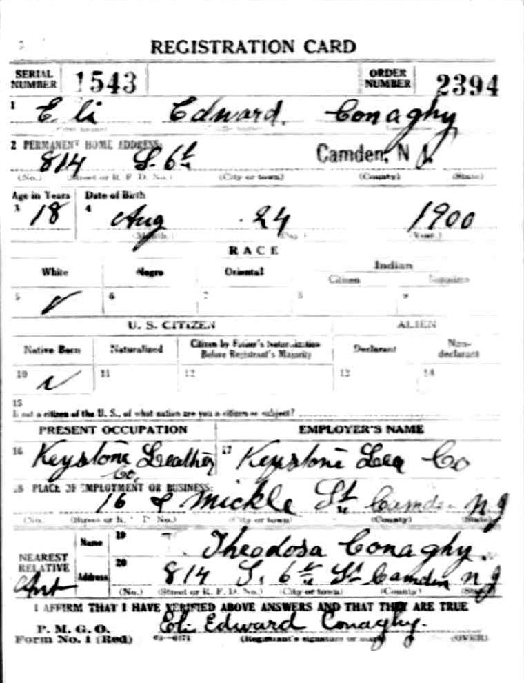 World War I draft registration card for Eli Conaghy, front