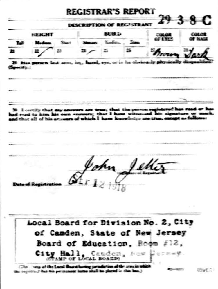 World War I draft registration card for Eli Conaghy, back