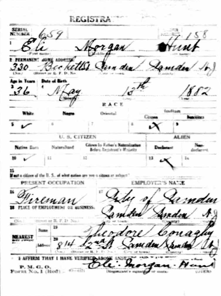 World War I draft registration card for Eli Morgan Hunt, front