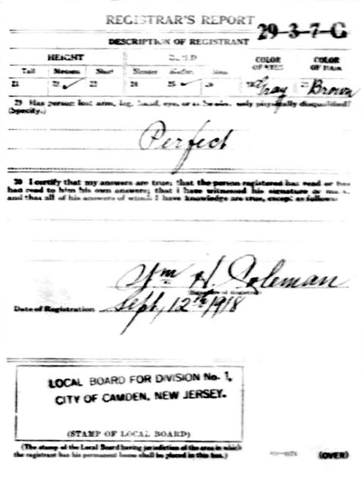 World War I draft registration card for Eli Morgan Hunt, back