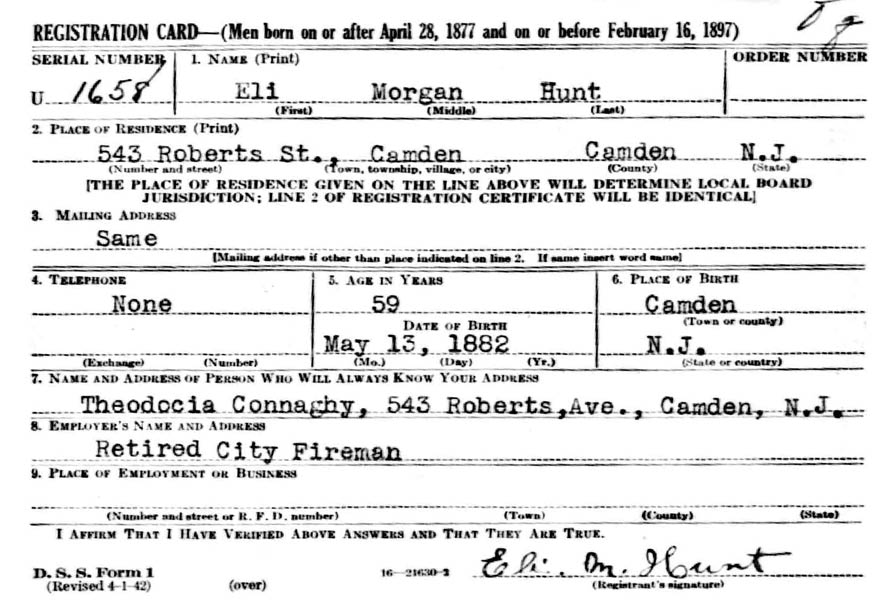 World War II draft registration card for Eli Morgan Hunt