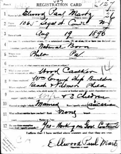 Elwood Martz World War I draft card, front