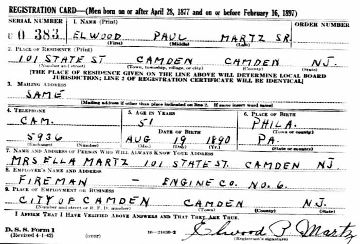 Elwood Martz World War II draft registration card