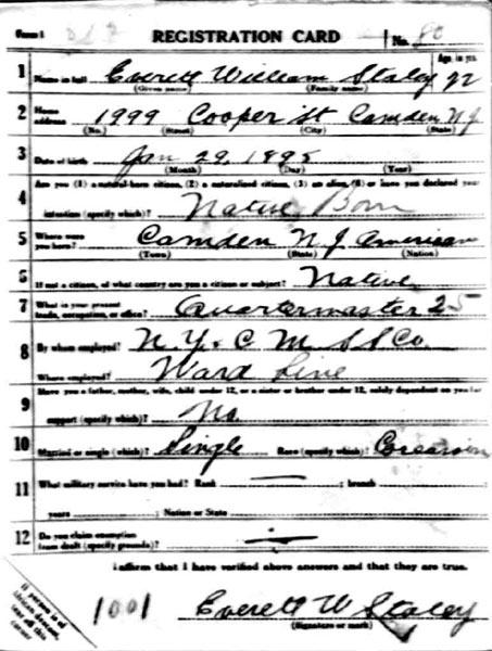 Everett W. Staley World War I Draft Card (front)