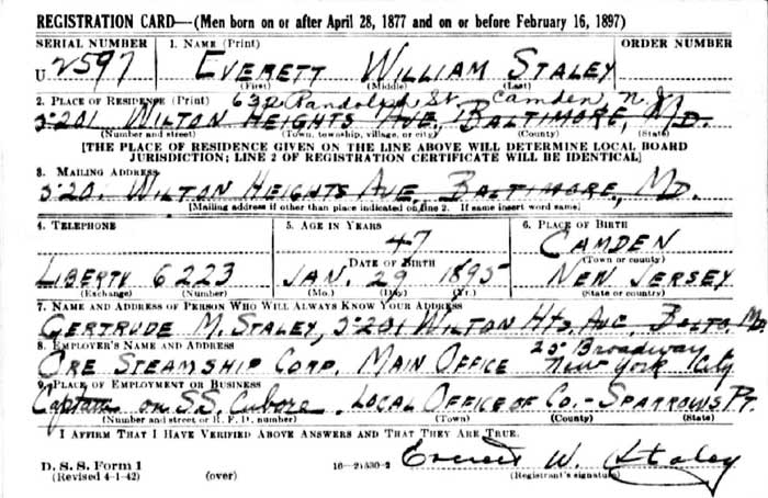 Everett W. Staley World War II Draft Card (front)