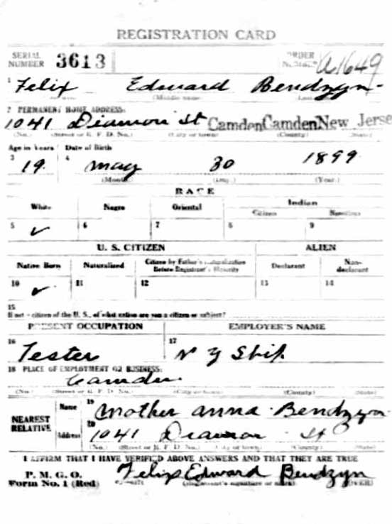Felix Edward Bendzyn WWI draft registration card — front