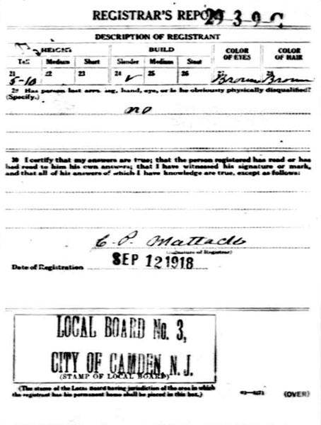 Felix Edward Bendzyn WWI draft registration card — back