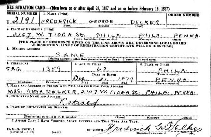 WWII Draft Registration Card for Frederick George Delker, front