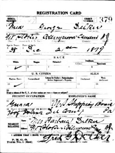 WWI Draft Registration Card for Frederick George Delker, front