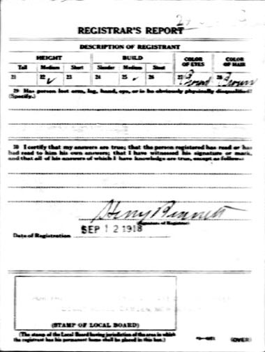 WWI Draft Registration Card for Frederick George Delker, back