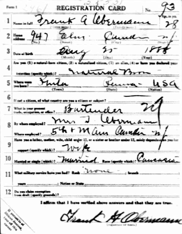 Frank A. Oberman World War I draft registration card, front