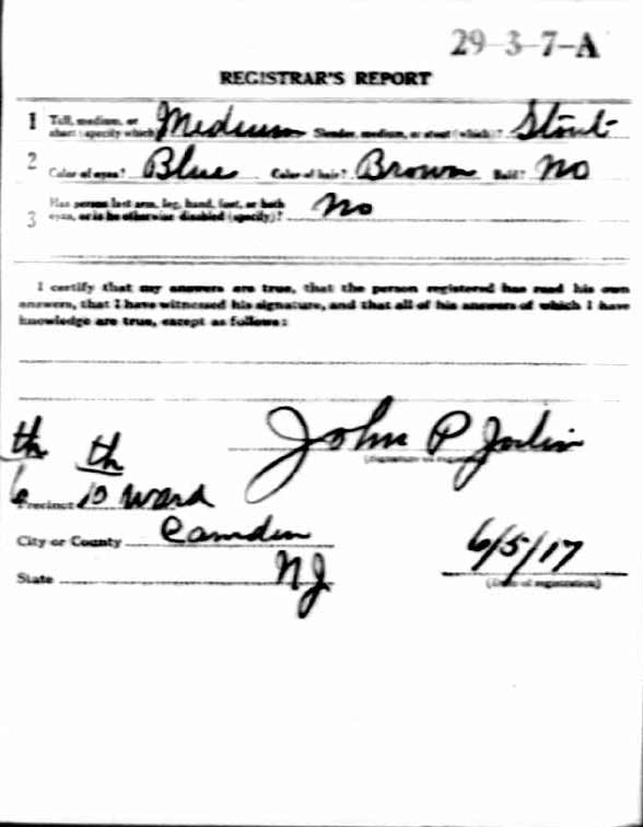 Frank A. Oberman World War I draft registration card, registrar's report