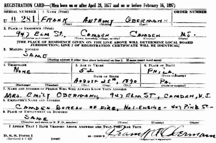 Frank Anthony Obermann World War II draft registration card